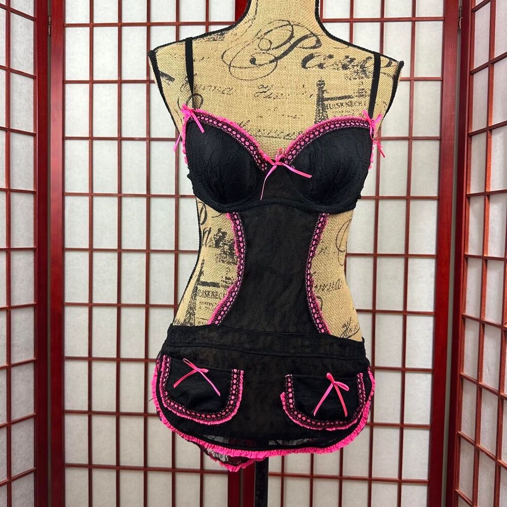 Y2K Black Hot Pink Ruffle Lace Bustier Maid Lingerie